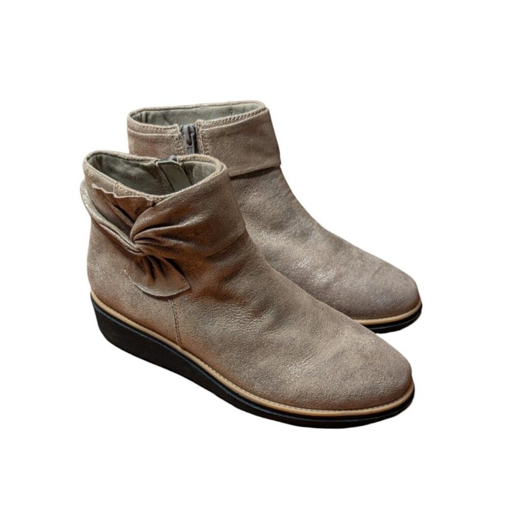 Clarks Sharon Salon Metallic Pewter Suede Wedge Ankle Boots side knot size 8